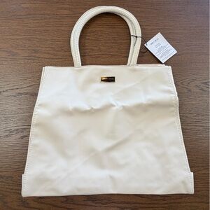 Jimmy Choo Parfums Cream/White Faux Leather Tote with Black and Gold Logo Plaque